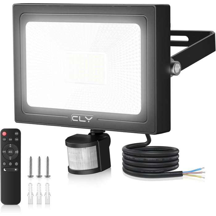 CLY 60W LED Floodlight with Motion Sensor, Remote Control, 5640LM, 6500K Cool White, IP66 Waterproof Outdoor Floodlight with Sensor, 4 Modes, 10 Brightness Levels, Spotlight for Garage, Garden, Yard