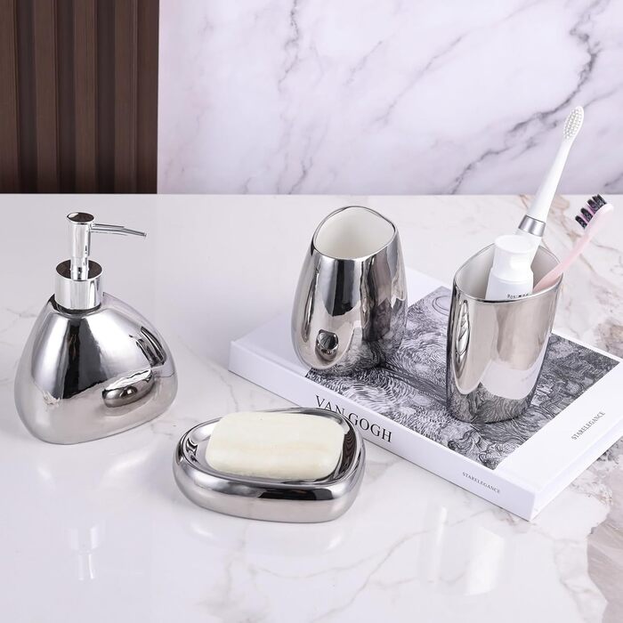 XYQXYQ Elegant 4-Piece Galvanized Ceramic Bathroom Set, featuring a lotion dispenser, mouth rinse cup, soap dish, and toothbrush holder, modern bathroom decoration set (white) (silver)
