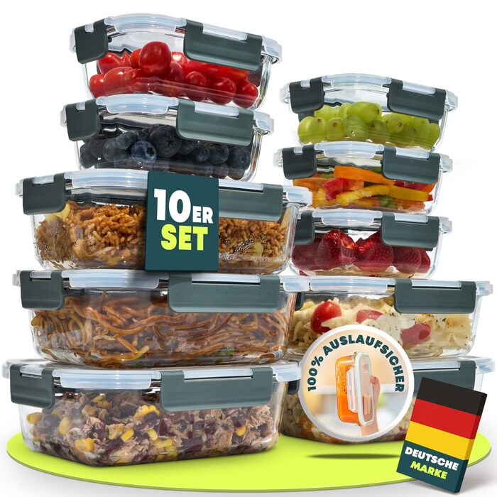 Набір контейнерів для їжі Uandu з кришкою (10 шт.) – контейнери для зберігання їжі з скла, BPA-free, придатні для миття в посудомийній машині, мікрохвильовій печі та морозильній камері, антрацит