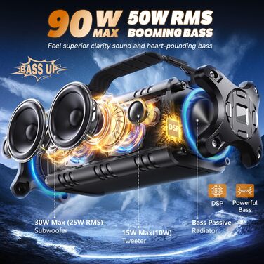 W-KING Портативна Bluetooth Колонка 90W з Глибоким Басом, DSP, 40 годин акумулятора та IPX6 Захистом від Води. Підтримка Powerbank, EQ, AUX та TF-карта. Чорний Колір. Ідеально для кемпінгу, пляжу та саду.