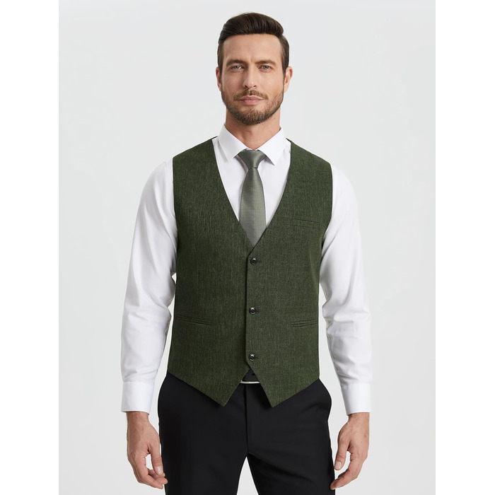 Жилет чоловічий HISDERN для весілля та офіційних заходів, Slim Fit, класичний дизайн, однотонний, з 3 кишенями, XL (Оливковий)