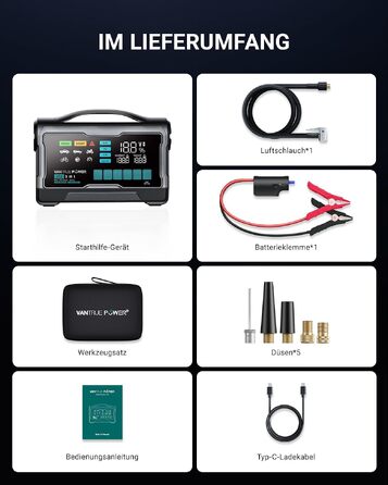 Пусковий пристрій (бустер) VANTRUE POWER JS3 для авто з компресором 160 PSI та функцією Powerbank, чорно-сріблястий