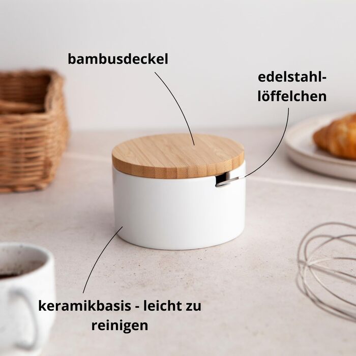 Керамічна цукерниця з ложкою та кришкою з бамбука - цукерниця для дому та кухні, сучасна куляста форма, для цукру, сиру, спецій, 10 x 10 x 9 см (біла кругла)