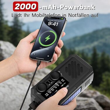 Радіо Milfech сонячне з ручним заводом, AM/FM, 2000mAh, ліхтарик LED, SOS-сигнал, для кемпінгу та надзвичайних ситуацій, чорне
