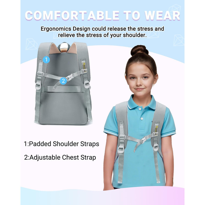 Дитячий рюкзак для дівчаток Kinderrucksack: 32L, для 2-10 класу, легкий, з дихаючою спинкою та м'якими лямками | З нагрудним ременем | Рюкзак для школи, підлітка 8+
