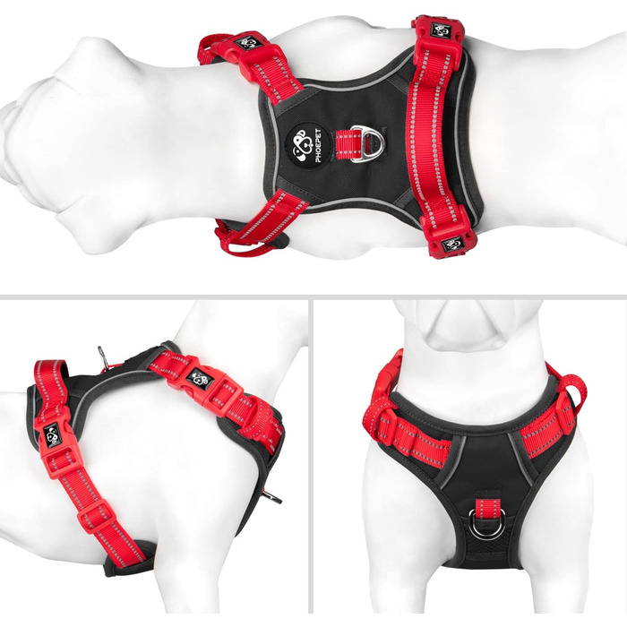 Шлейка для собак PHOEPET Anti-Zug з відбиваючими елементами, регульована, для цуценят та собак різних розмірів (S, чорна база & червоні ремінці)