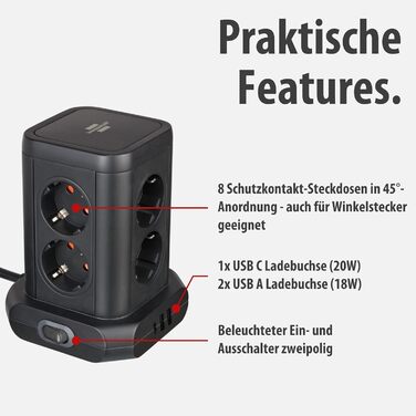 Стеждова тумба Brennenstuhl 8 розеток з USB та USB-C, 2м кабель, чорний колір