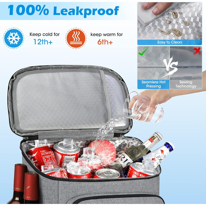 NUBILY 30L Insulated Cooler Backpack - Waterproof Cooler Bag Backpack, Large Insulated Cooler Bag, Thermo Lunch Bag for Camping, Outdoor Activities, Travel, BBQ, Hiking (Gray)