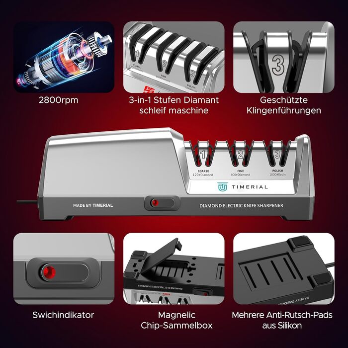 Електричний точило для ножів TIMERIAL з алмазними дисками 3-х ступенів, 15° кут, для сталевих кухонних ножів, 120/600/1000 grit