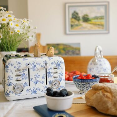 Тостер VQ Laura Ashley з 4-ма тостами, регулюванням нагріву, функціями розморожування та підігріву, з насадкою для круасанів, нержавіюча сталь, ретро-дизайн, колір 