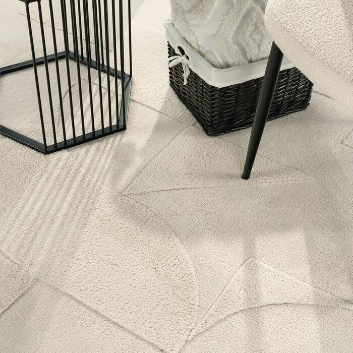 Paco Home Rug Living Room Bedroom High Pile Scandinavian Pattern Boho Look Soft Solid 3D Look Abstract Washable Cream, Size: 120 cm Round 120 cm (Round) Cream - Geometric 1
