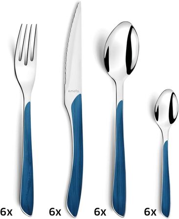 Amefa ECLAT Cutlery Set NATURE Blue Wood-Look Dining Cutlery 24-Piece for 6 People Stainless Steel, Rust-Proof, Plastic Grip Shells with Wood-Look, Dishwasher-Safe Cutlery Set for 6 People