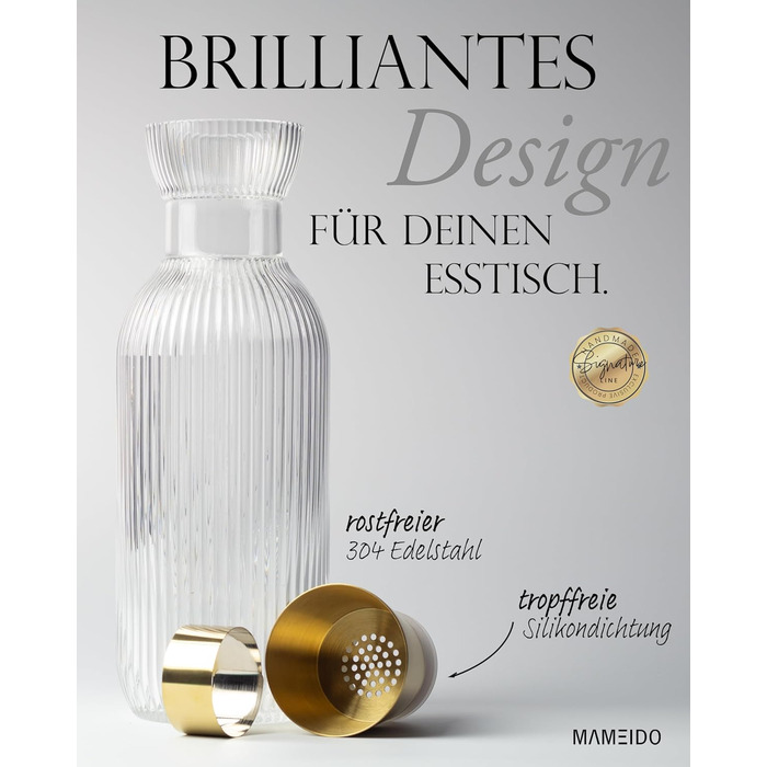 MAMEIDO Water Carafe 1l & 1.5l - Glass Carafe with Lid & Strainer, Mouth-Blown Glass Carafe, Water Jug with Elegant Appearance for Special Occasions, Carafes for Gifting (Crystal Gold, 1000ml)