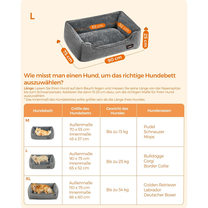 Ліжко для собак Feandrea, м'який лежак для собак з льоновим покриттям, кошик для собак, підняті бортики, неслизьке дно, знімний та пральний чохол, L, для середніх собак, 90 x 75 x 25 см, світло-сірий