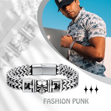 Чоловічий браслет-ланцюг JewelryWe в готичному стилі: срібний браслет з черепом для байкерів, сталевий ланцюг на руку