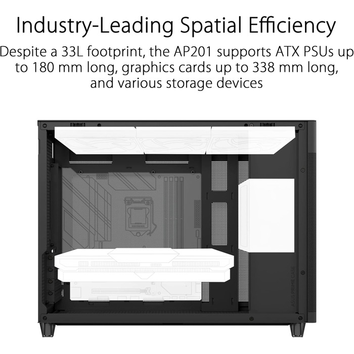 Корпус ASUS Prime AP201 MicroATX чорний (33 літри, підтримка 280/360 мм кулерів, відеокарти до 338 мм, ATX блок живлення)