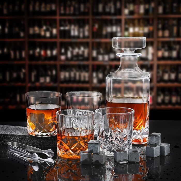 Whiskey Decanter Set, 750ml Decanter with 4 x 220ml Whiskey Glasses, 12 Stones, Beautiful Gift Box, Father's Day Gift for Men, Transparent
