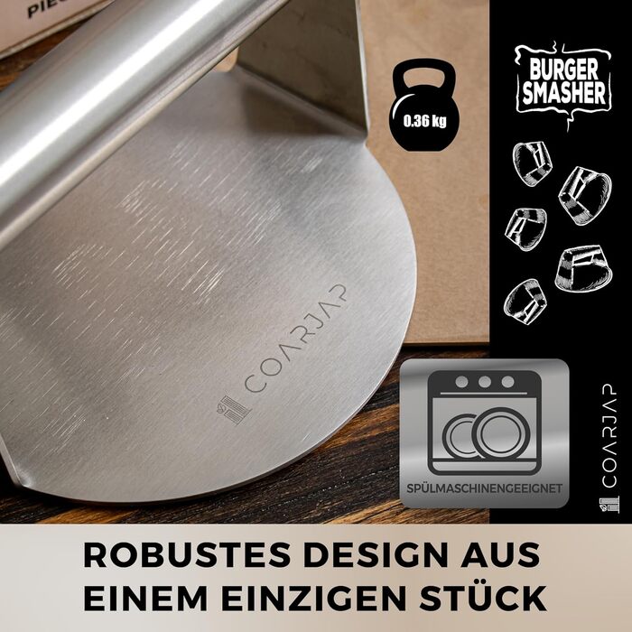Пресс для смаш-бургерів COARJAP з нержавіючої сталі 304 - Burger Smasher з одного шматка, 60 папірців для бургерів, QR-код, безпечний для харчових продуктів, придатний для миття в посудомийній машині - для дому та професійної кухні