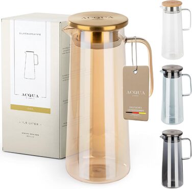 Glass Giraffe with Lid | Water Carafe 1.5 Liter | Glass Jug with Lid | Leak-proof & High Quality | Glass Carafe ideal for Lemonade, Water & Tea (GOLD/GOLD)
