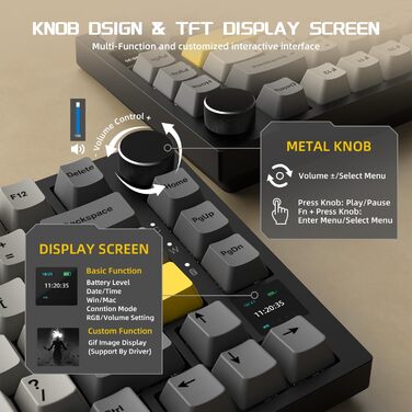 Механічна клавіатура YINDIAO AK820 PRO з TFT дисплеєм та кнопкою, 2.4G Wireless/BT5.1/USB-C, 75% ANSI, Hot-Swap, лінійний перемикач, RGB-підсвітка, для PC/MAC (Сірий)