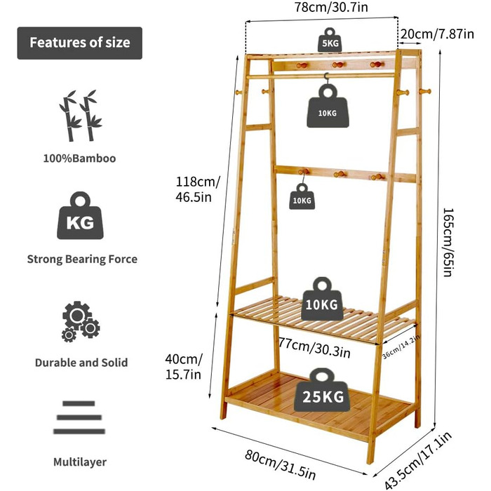 Bamboo Coat Rack, Clothes Rack with 3 Shelves and 10 Hooks, Clothes Rail, for Hallway, Living Room and Office, 80x43.5x165cm