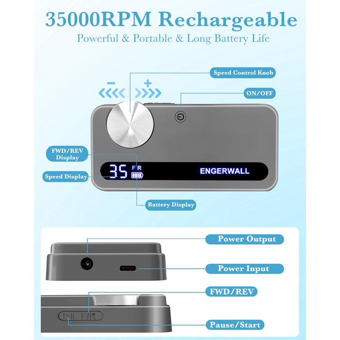 Професійний фрезер для нігтів ENGERWALL 35000 об/хв, акумуляторний, для гелю та акрилу, електричний, манікюрний набір з 7 насадок та 56 шліфувальних стрічок, темно-срібний, портативний