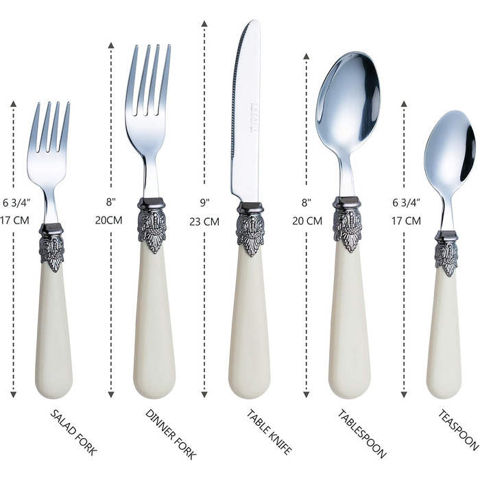 EXZACT Ivory Creme Flatware Set, 20 Pieces, Stainless Steel with Detailed Handles, Traditional, Elegant, Vintage Style/Antique