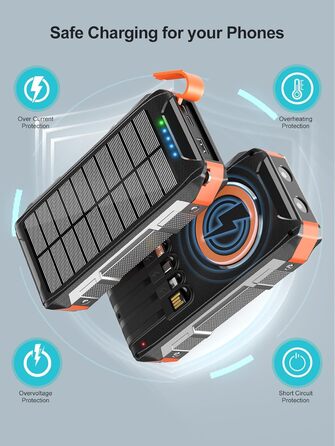 Сонячний Power Bank 26800mAh з 4 кабелями, 30W, Магнітний, USB-C, 7 портів, Ліхтар, для телефону, планшета, кемпінгу