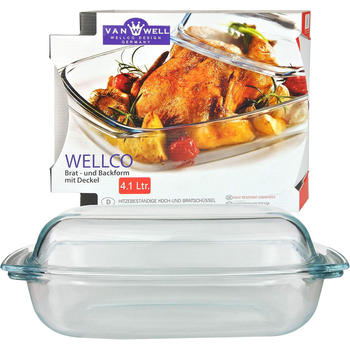 Форма для запікання Van Well 4.1 л з кришкою, скляна прямокутна жаростійка 340x215 мм, набір: миска 2.5 л + кришка 1.6 л, кухонний посуд Wellco