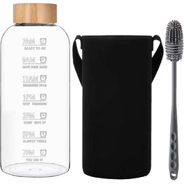 RNCKUUE 2 Liter Glass Bottle, 2l Glass Drinking Bottle, Glass Water Bottle with Filter, Neoprene Sleeve, Bottle Brush (1500 ml, Bamboo Lid)