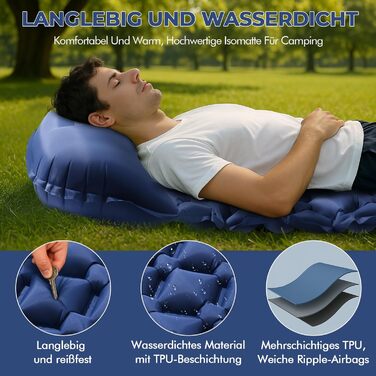Надувний килимок для кемпінгу самонадувний Ultraleichte 195x60 см з вбудованою подушкою та помпою, водонепроникний, синій