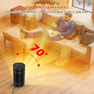 Електричний обігрівач 1500W PTC кераміка, тихий 34 dB, з термостатом, таймером 12 год та захистом від перегріву та перекидання. З пультом керування, чорний.