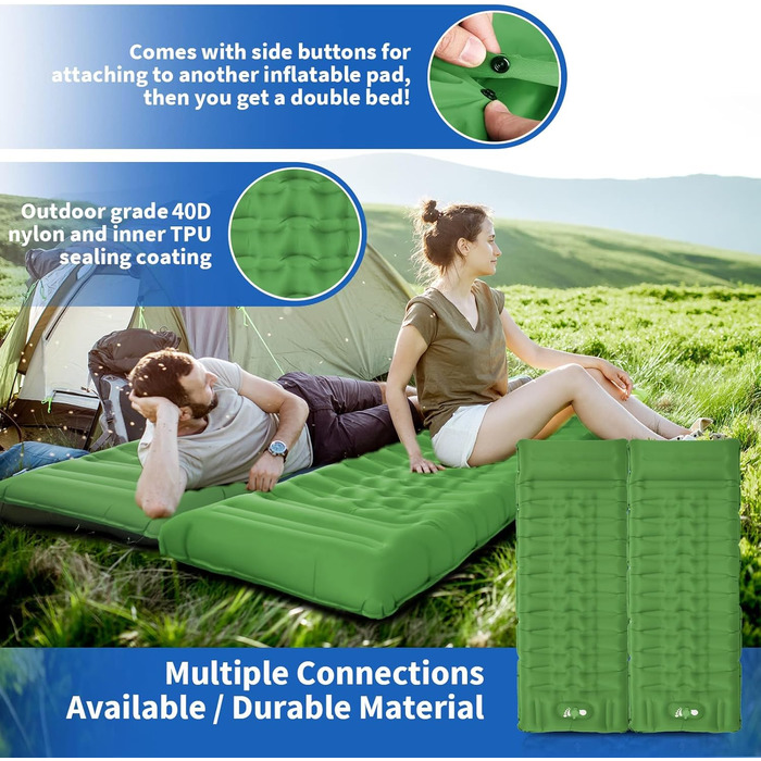 Каремат для кемпінгу самонадувний, 12 см, ультралегкий, з насосом та подушкою. Підходить для туризму, пляжу та відпочинку на природі (зелений)