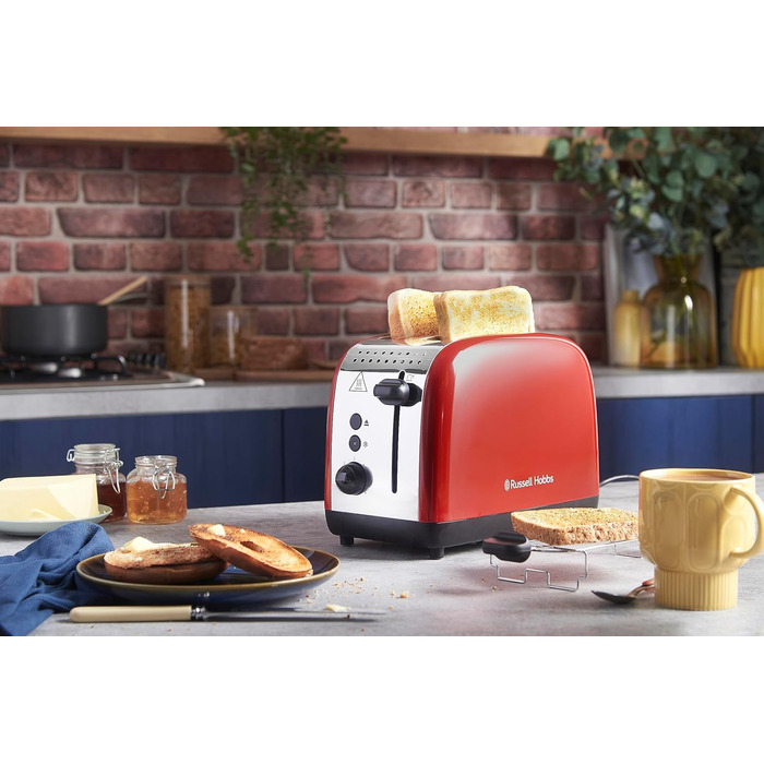 Russell Hobbs Toaster [for 2 slices] Colours Plus Stainless Steel Red (extra wide slots, includes bagel attachment, 6 browning levels + defrost function, Lift & Look function, 1600W) 26554-56 Toaster Compact NEW