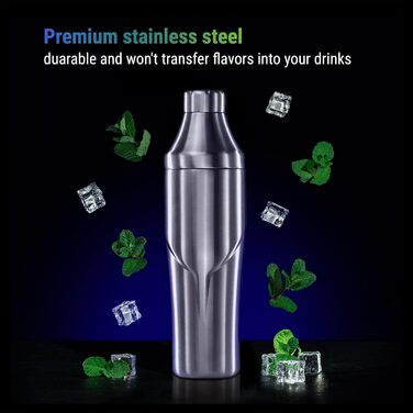 Lexenic Premium Cocktail Shaker 24oz - Vacuum-Insulated Martini Shaker, Spoon & Jigger Kit - 18/8 Stainless Steel - Drink Shaker - Built-in Strainer Margarita Shaker for Home Bar, Picnic, Gift