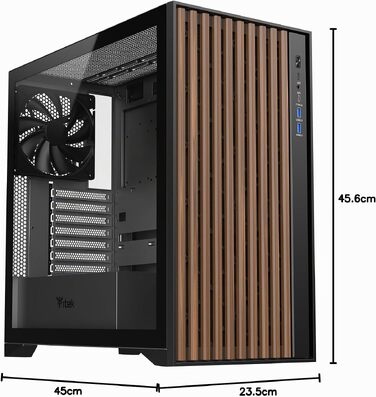 Ігровий корпус Itek Woody Gaming Tower ATX, 3x14см вентилятори, USB 3.0, Type-C, дерев'яна передня панель, загартоване скло, чорний