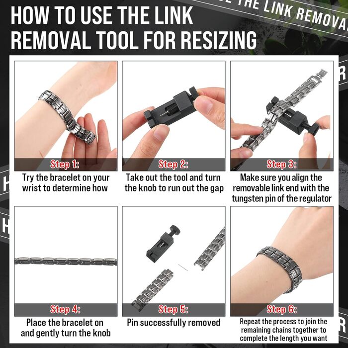 Браслет на магніті для чоловіків Jadive: титановий браслет з дворядними магнітами, регульований розмір, інструмент та сумка, чорний, повністю магнітний