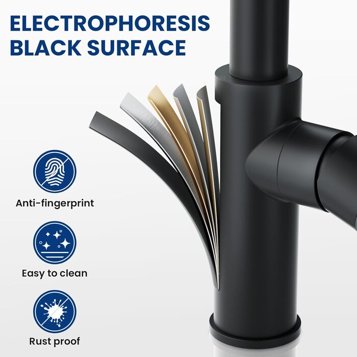 Змішувач кухонний CECIPA з витяжною лійкою, чорний, нержавіюча сталь, 360° обертання, 2 режими струменя