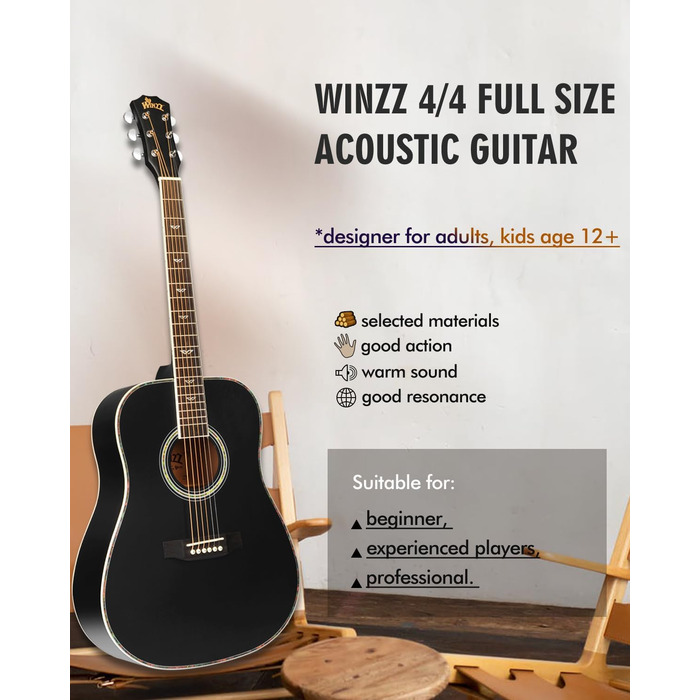 Акустична гітара Winzz 4/4, для початківців, з аксесуарами, 41 дюйм