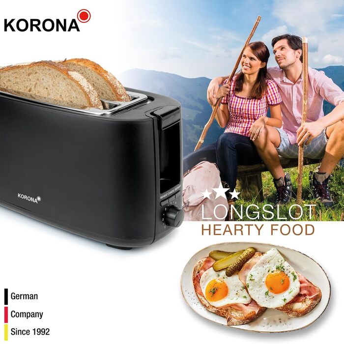 Тостер Korona 21060 на 4 скибки, довгий слот, регулювання ступеня підсмажування, розморожування, підігрів, 1400 Вт, підставка для булочок, піддон для крихт, центрування хліба, чорний матовий