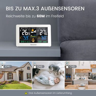 Newentor Weather Station Radio with 3 Outdoor Sensors - Radio Weather Station with Weather Forecast, Temperature Warning, DCF Radio Clock - Battery Powered and Mains Powered, White 1*Station + 3*Outdoor Sensor White