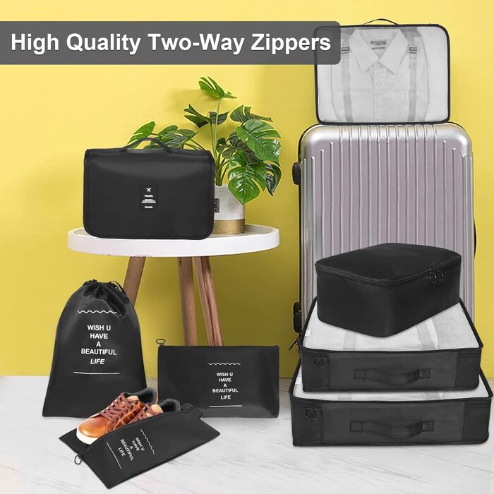 Органайзер для валізи - набір 8 шт. Packing Cubes для подорожей, система організації валізи, набір кубиків для пакування (Чорний)