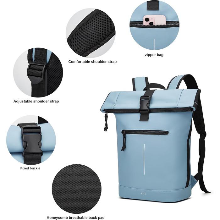 Водонепроникний рюкзак YTL Rolltop з відділенням для ноутбука 17 дюймів, великий рюкзак для жінок та чоловіків, для подорожей, школи, університету, велосипеда (Світло-блакитний)
