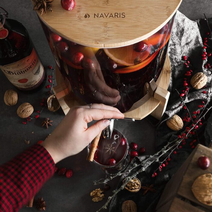 Navaris диспенсер для напоїв 5 л з краном, боросилікатне скло, підставка з бамбука, нержавіюча сталь