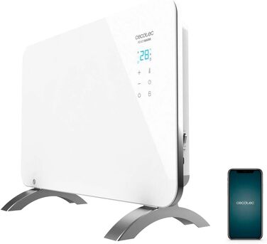 Конвектор Cecotec Ready Warm 6670 Crystal Connection з скляною панеллю, 1000 Вт, WiFi, термостат, таймер, підставка, для ванної кімнати (IP24), тихий, білий