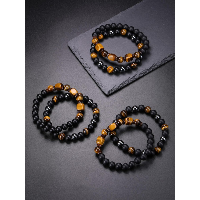 Чоловічий браслет з перлами та мінералами (набір 2 шт): тигрове око, гематит, чорний агат. Браслети з натурального каміння для чоловіків. Набір браслетів-чокерів з мінералами. Стильний аксесуар, духовний подарунок для чоловіка.