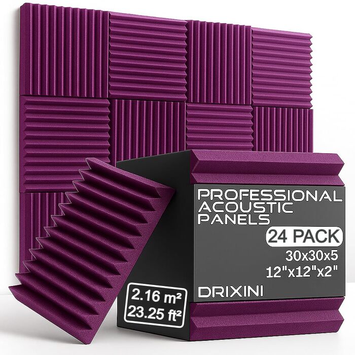 Акустичні панелі для звукоізоляції 30x30x5 см, набір 24 шт (колір: mauve), професійні шумопоглинаючі панелі для студії, подкастів, дому та офісу з клейкою стрічкою