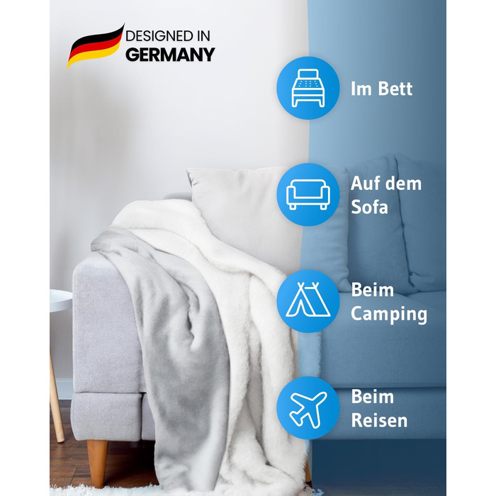 М'яка ковдра KAMI 150x200 см з кишенею для телефону та захистом від бруду - тепла плед для вітальні, дивану, ліжка (світло-сіра)