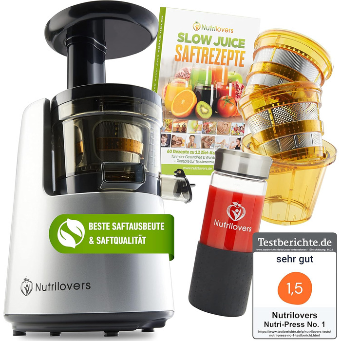 Соковитискач Nutrilovers NUTRI-PRESS MAX для цілих фруктів, холодного віджиму, шнековий, BPA-free, з широкою горловиною 135 мм, у комплекті пляшка та книга рецептів
