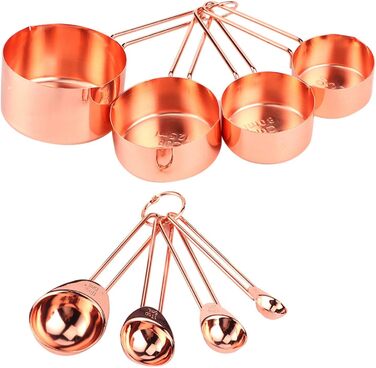 8-Piece Measuring Cup and Spoon Set, Stainless Steel Measuring Spoons with Buckle, Kitchen Baking Accessories for Milk-Tea Shops, Bars, Cafés, Kitchen Utensils (Color: Rose Gold)
